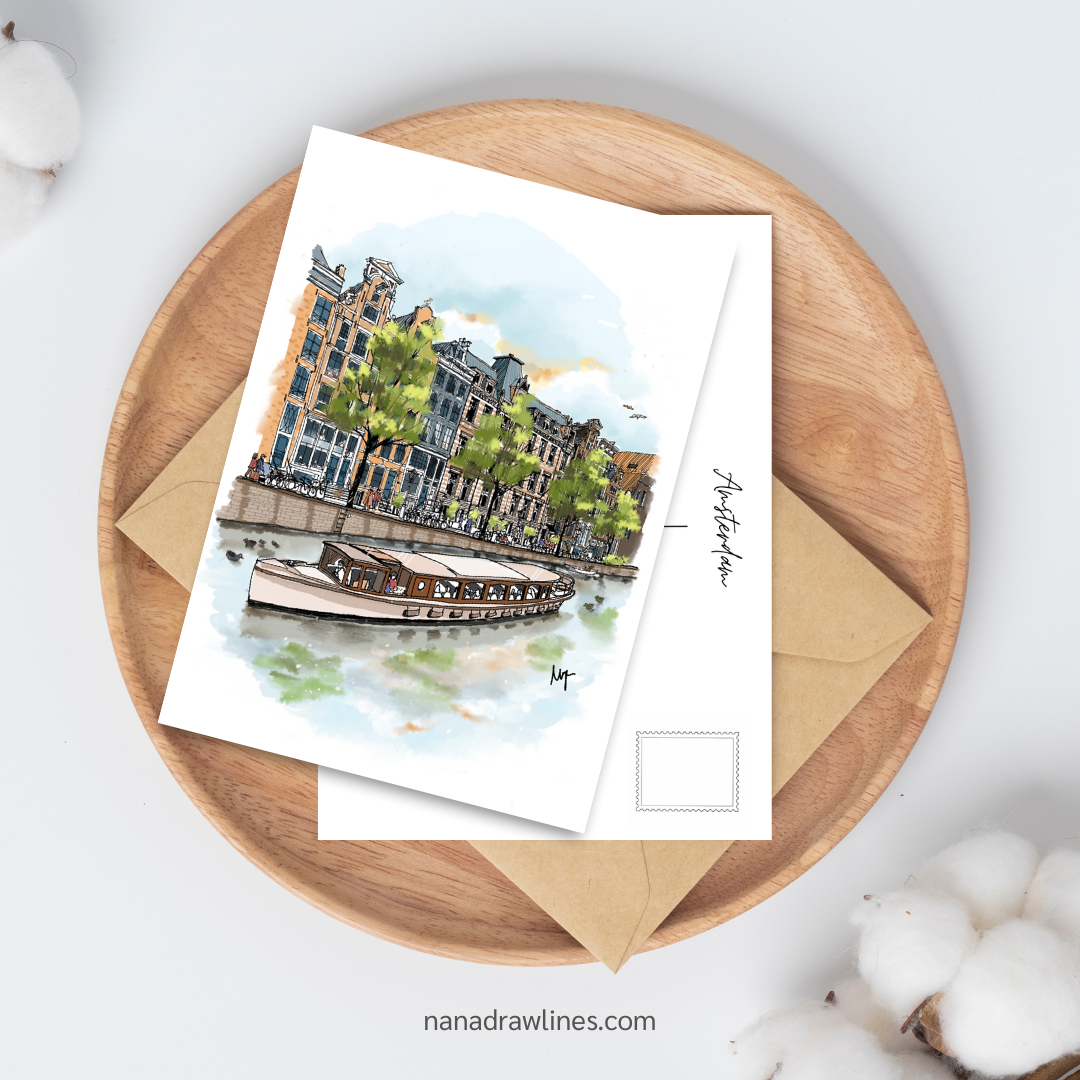 Carte Postale Unique Dessinée à la Main - Centre-ville - Amsterdam