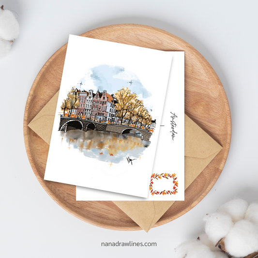 Einzigartige handgezeichnete Postkarte – Amsterdams Grachtenfall 🍂