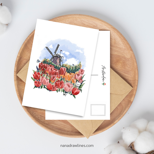 Einzigartige handgezeichnete Postkarte - Tulpen - Amsterdam