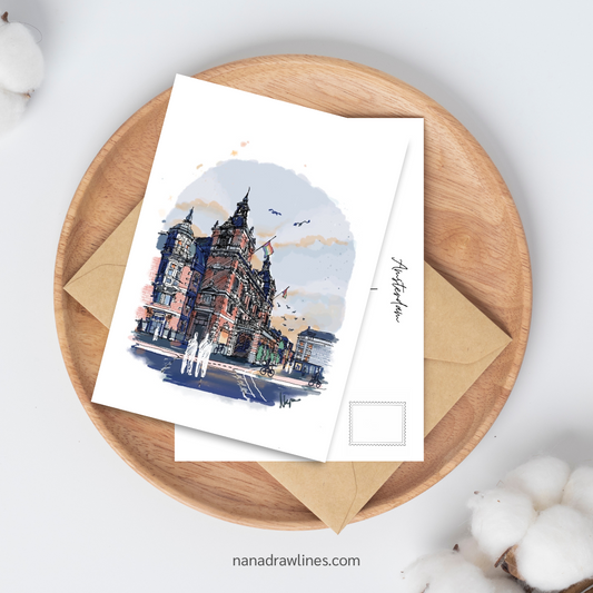 Einzigartige handgezeichnete Postkarte - Amsterdams Internationales Theater