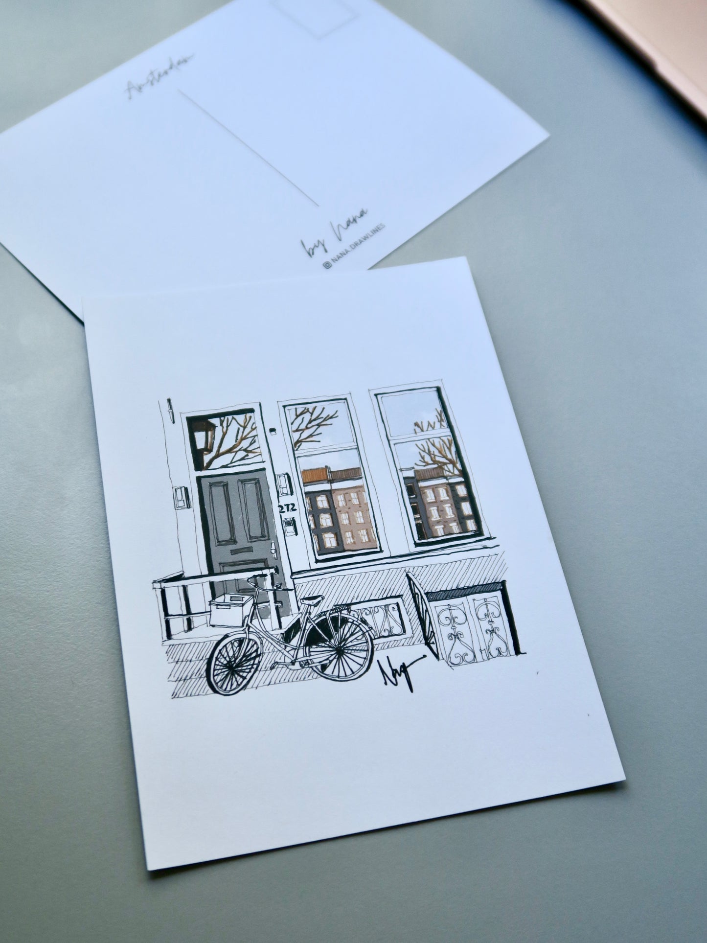 Unique Hand Drawn Postcard - Amsterdam's House and Bike