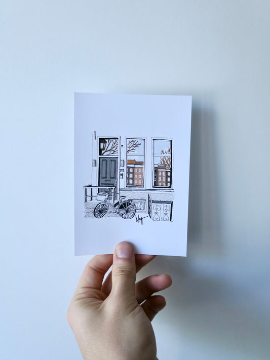 Unique Hand Drawn Postcard - Amsterdam's House and Bike