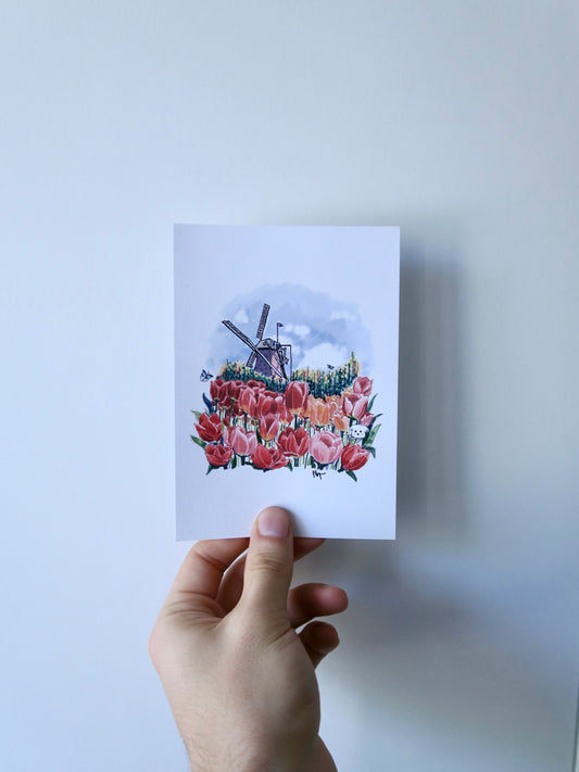 Unique Hand Drawn Postcard - Tulips - Amsterdam